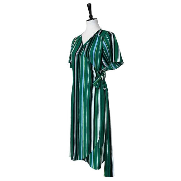 Halogen Women's Wrap Tie Waist Midi Dress Green Black Multi Stripes Size SP - Picture 4 of 14